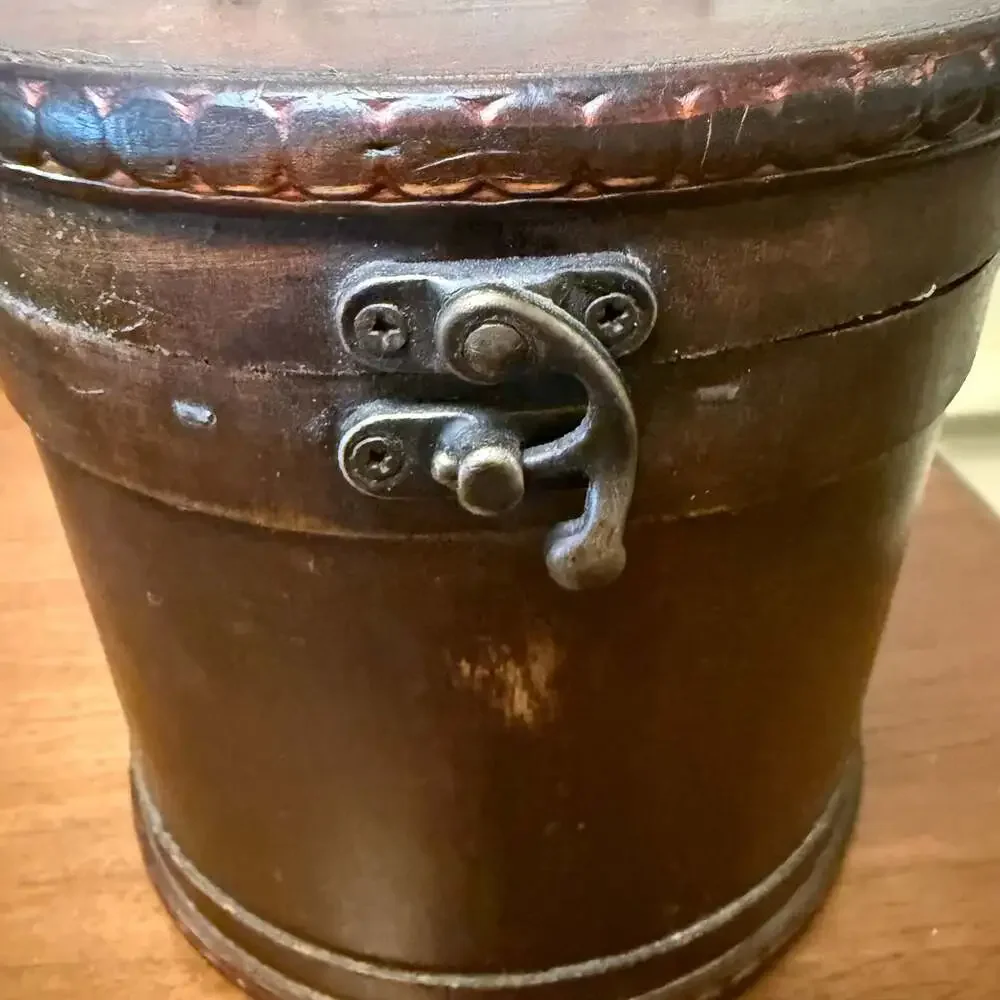 Round Wooden Storage Box with Metal Accents